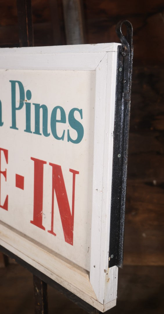 Vintage Hand Painted Sign For "The Bolton Pines Drive-In" Movie Theater, On Tin With Wood Frame, Cast Iron Hangers, Unknown Origin, Likely From New England, 52-1/2" x 27-3/4"