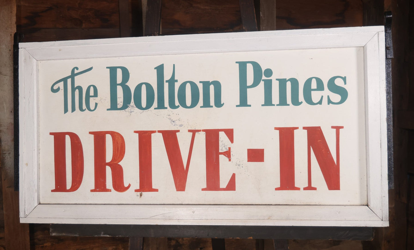 Vintage Hand Painted Sign For "The Bolton Pines Drive-In" Movie Theater, On Tin With Wood Frame, Cast Iron Hangers, Unknown Origin, Likely From New England, 52-1/2" x 27-3/4"