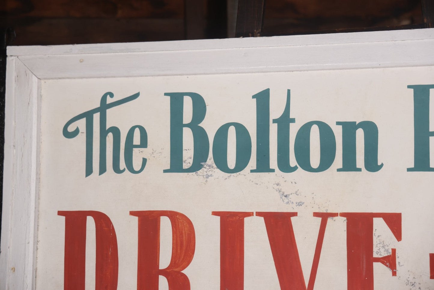 Vintage Hand Painted Sign For "The Bolton Pines Drive-In" Movie Theater, On Tin With Wood Frame, Cast Iron Hangers, Unknown Origin, Likely From New England, 52-1/2" x 27-3/4"