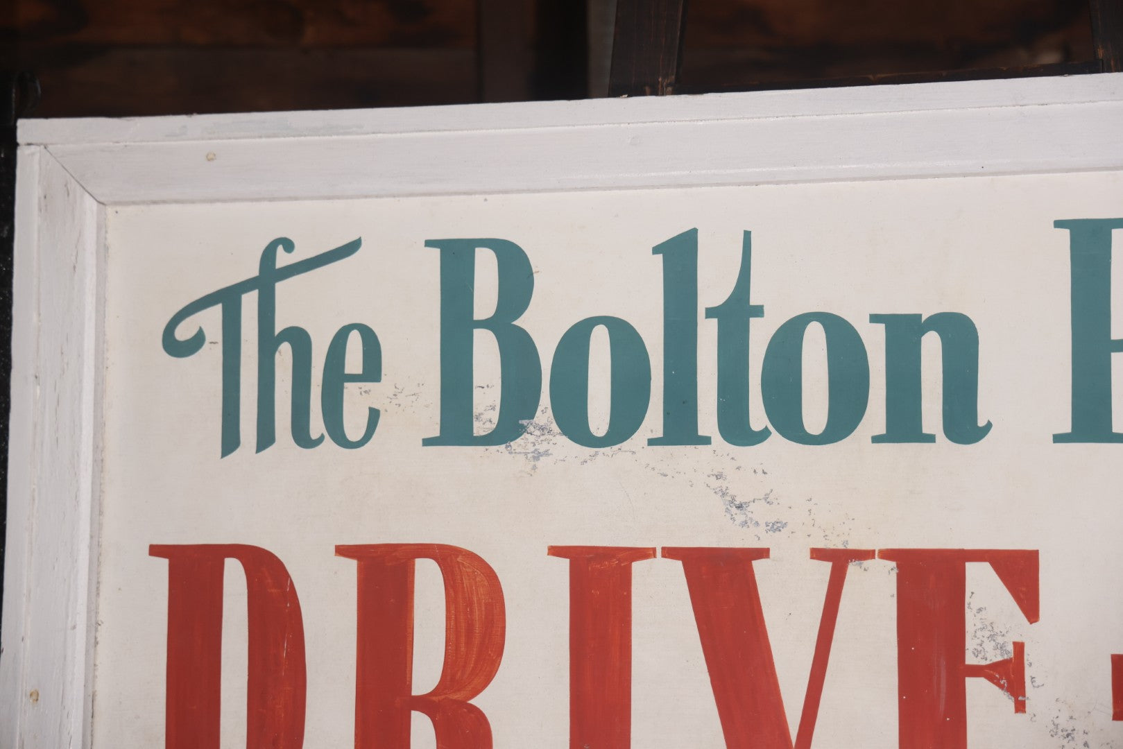Vintage Hand Painted Sign For "The Bolton Pines Drive-In" Movie Theater, On Tin With Wood Frame, Cast Iron Hangers, Unknown Origin, Likely From New England, 52-1/2" x 27-3/4"