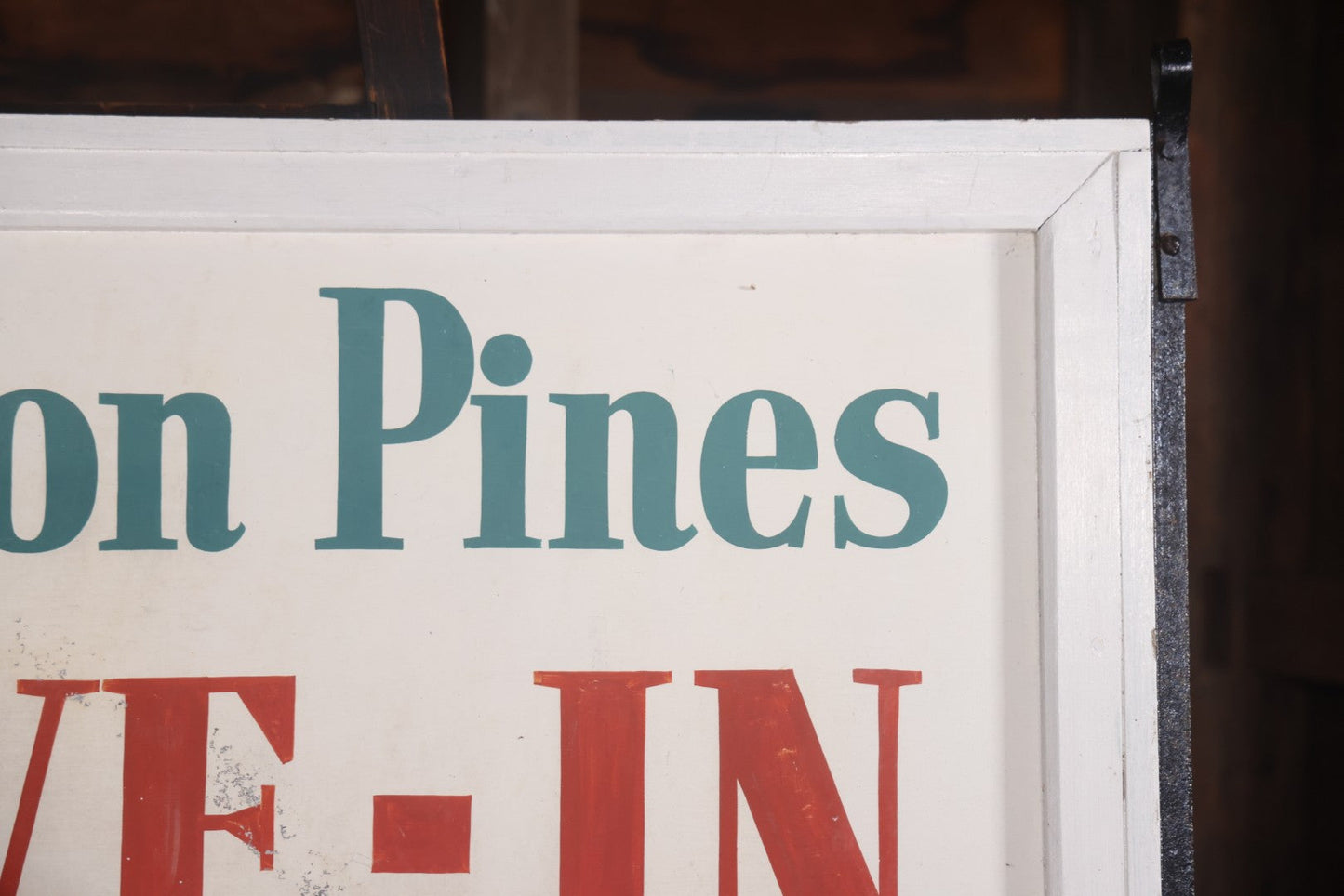 Vintage Hand Painted Sign For "The Bolton Pines Drive-In" Movie Theater, On Tin With Wood Frame, Cast Iron Hangers, Unknown Origin, Likely From New England, 52-1/2" x 27-3/4"