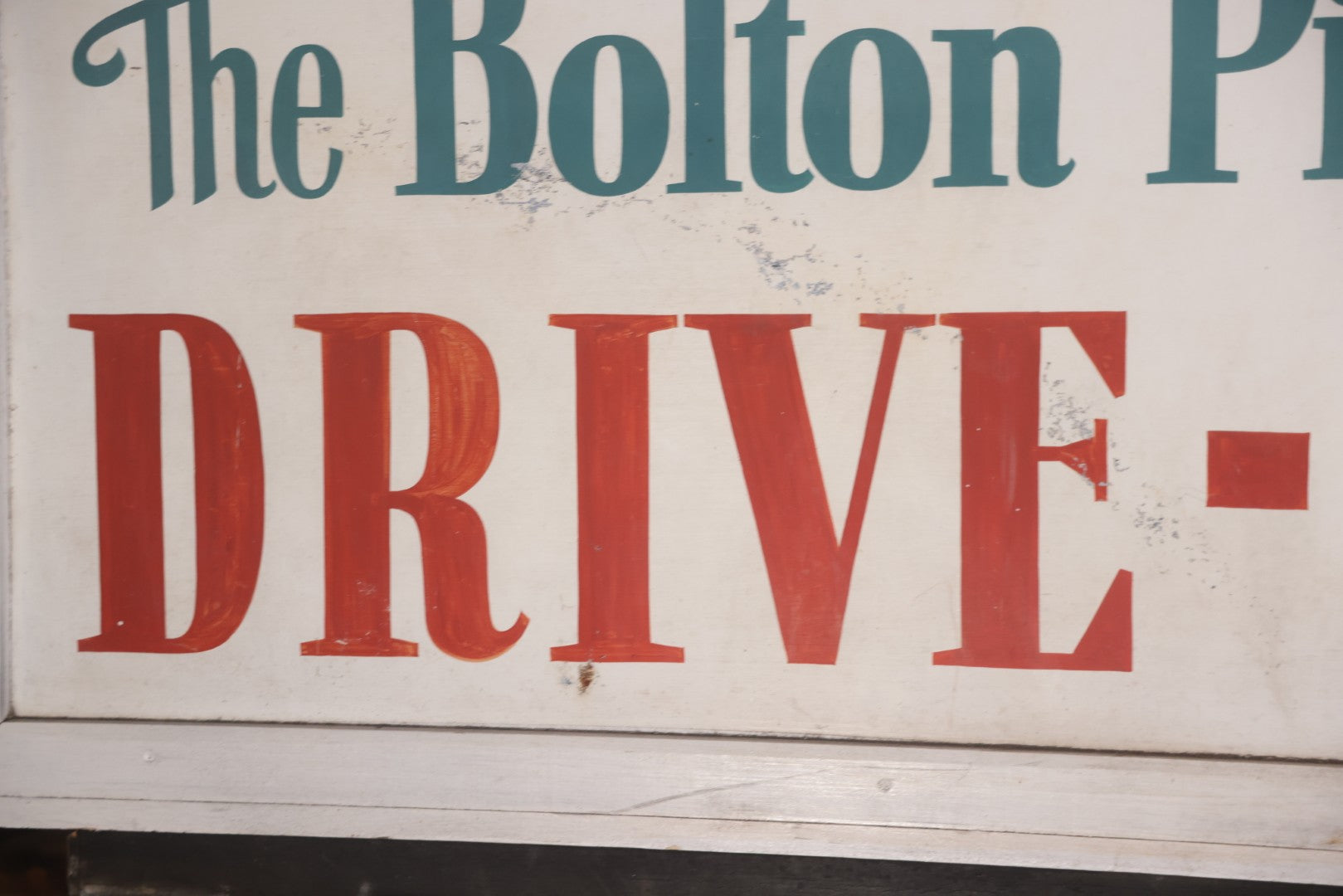 Vintage Hand Painted Sign For "The Bolton Pines Drive-In" Movie Theater, On Tin With Wood Frame, Cast Iron Hangers, Unknown Origin, Likely From New England, 52-1/2" x 27-3/4"