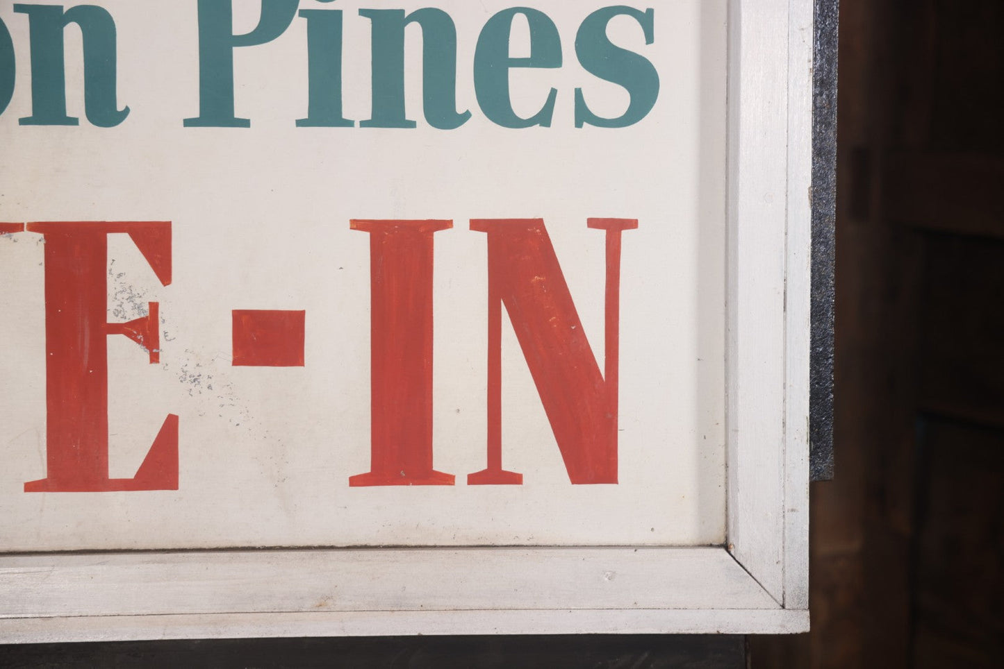 Vintage Hand Painted Sign For "The Bolton Pines Drive-In" Movie Theater, On Tin With Wood Frame, Cast Iron Hangers, Unknown Origin, Likely From New England, 52-1/2" x 27-3/4"