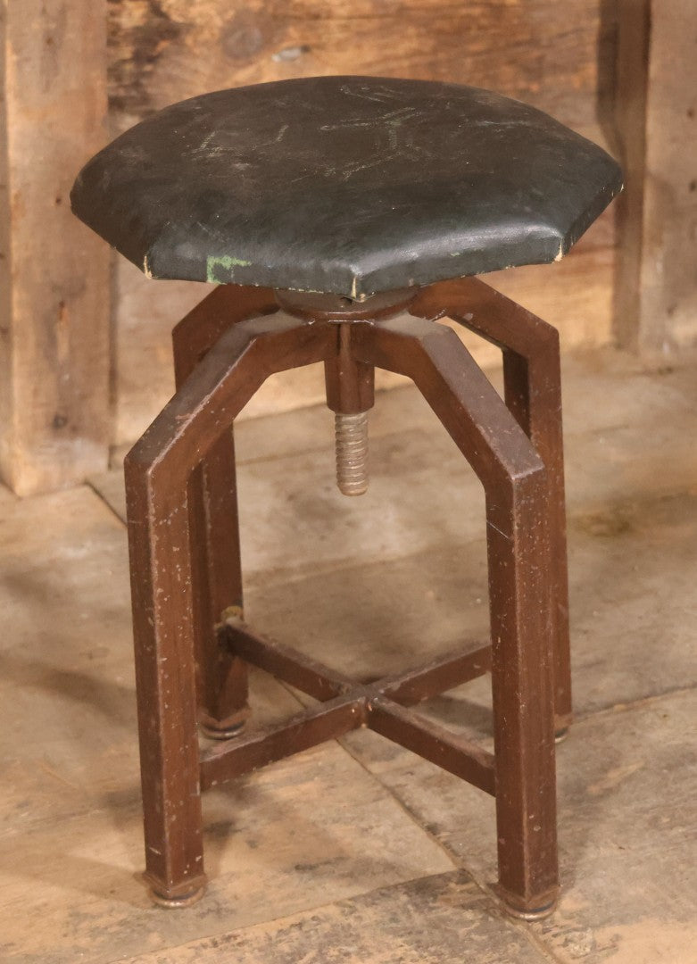Vintage Adjustable Industrial Stool With Octagon Seat, Metal Base, Original Covering, Manufactured By Sargent, No. 8478PH, Made In U.S.A., 20" To 25" Height