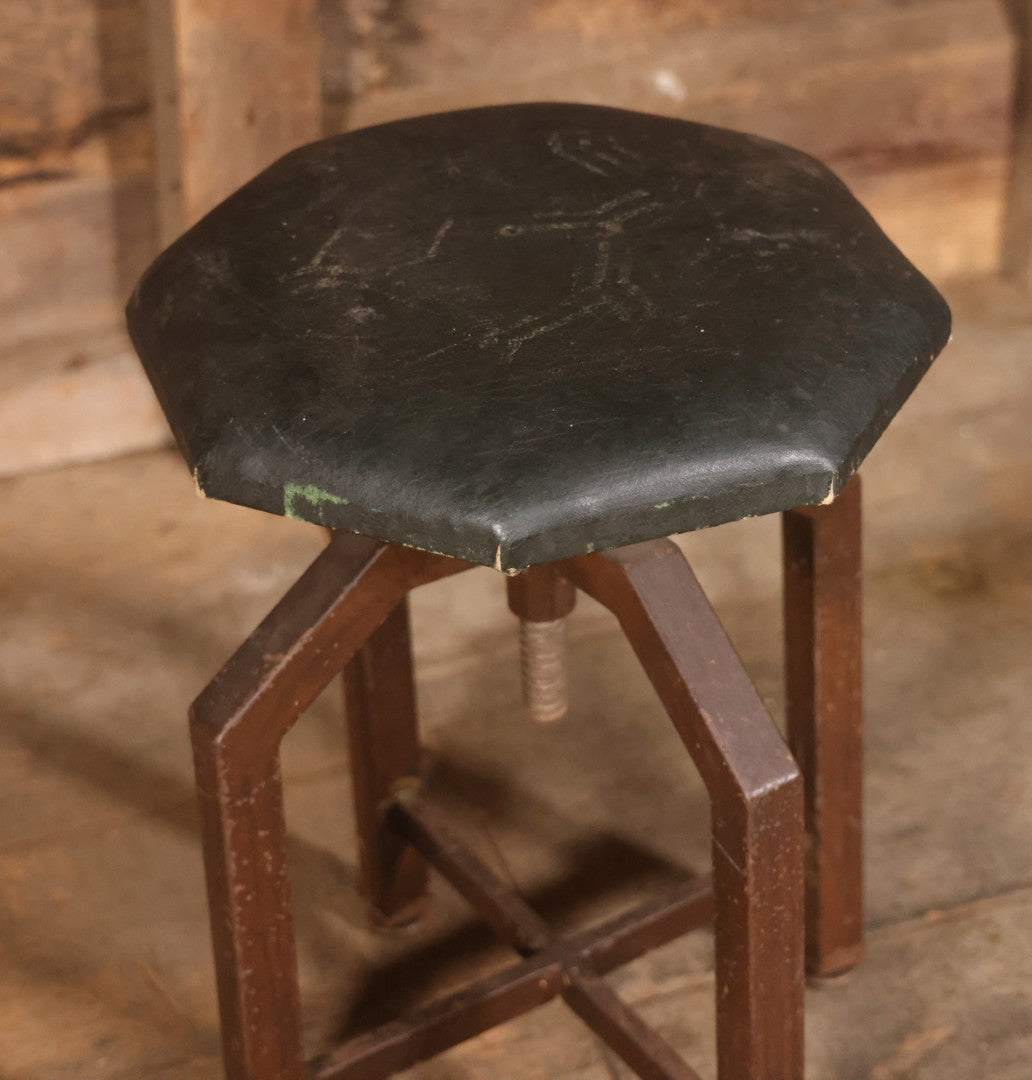 Vintage Adjustable Industrial Stool With Octagon Seat, Metal Base, Original Covering, Manufactured By Sargent, No. 8478PH, Made In U.S.A., 20" To 25" Height