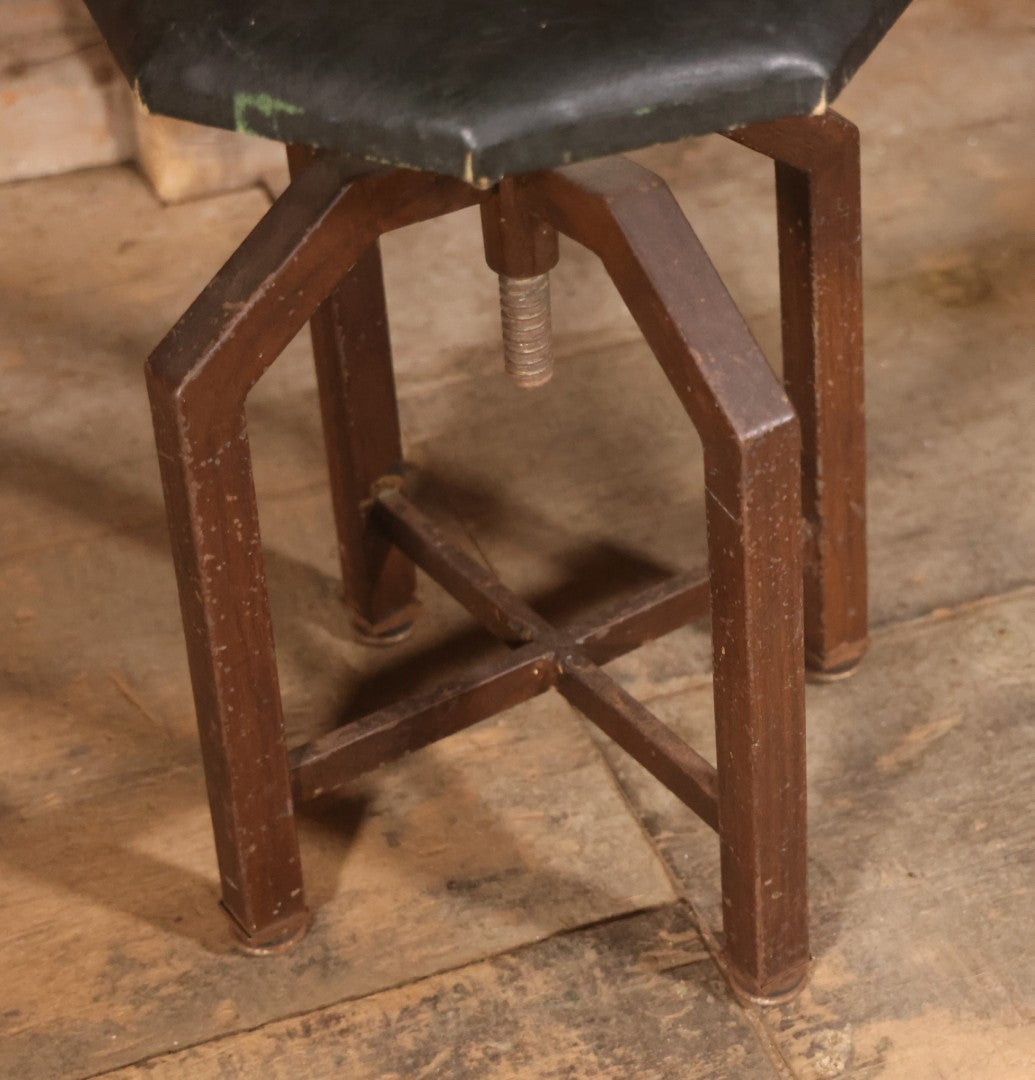 Vintage Adjustable Industrial Stool With Octagon Seat, Metal Base, Original Covering, Manufactured By Sargent, No. 8478PH, Made In U.S.A., 20" To 25" Height