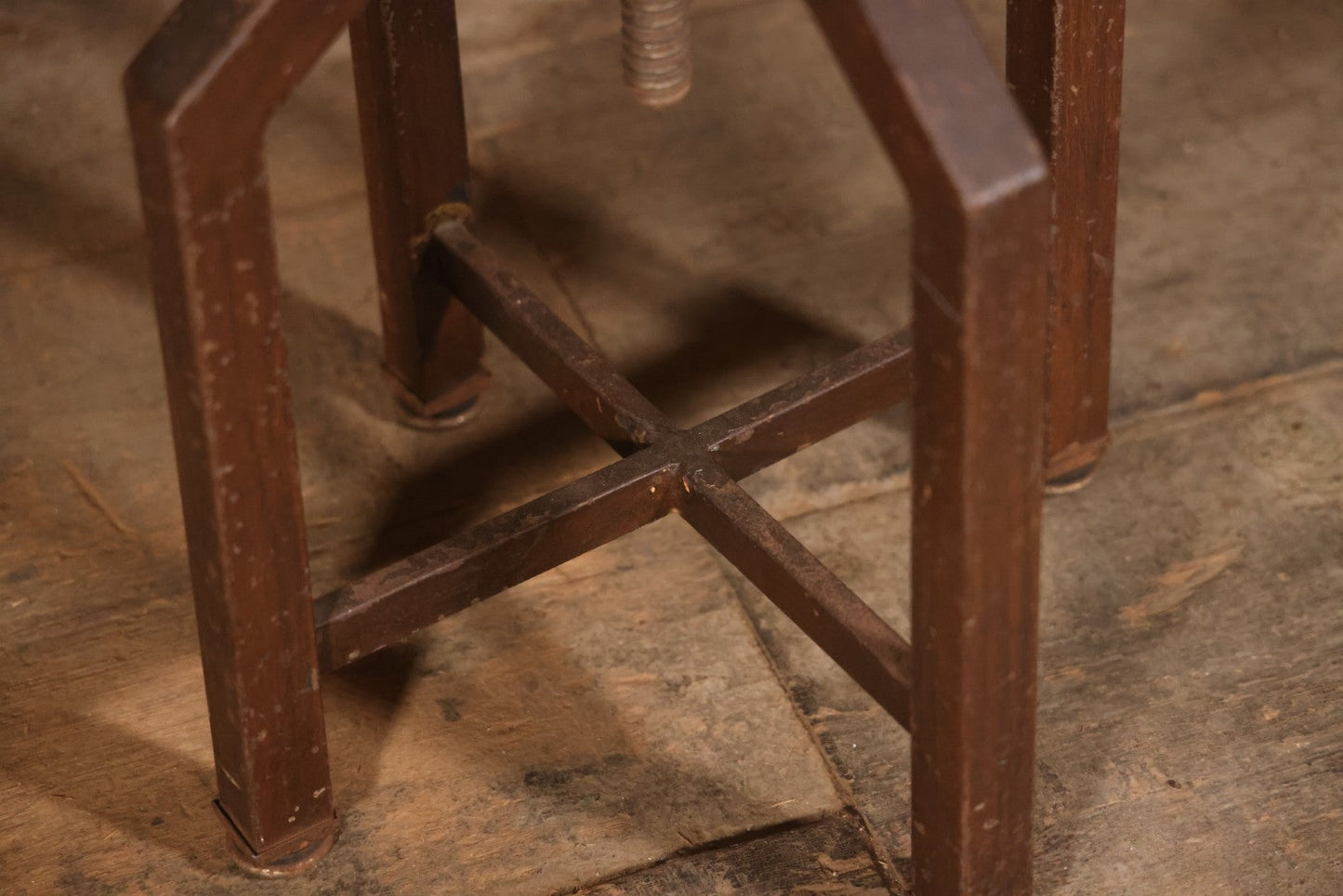 Vintage Adjustable Industrial Stool With Octagon Seat, Metal Base, Original Covering, Manufactured By Sargent, No. 8478PH, Made In U.S.A., 20" To 25" Height