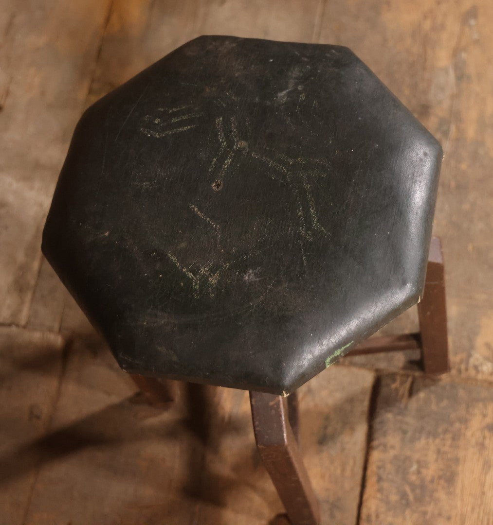 Vintage Adjustable Industrial Stool With Octagon Seat, Metal Base, Original Covering, Manufactured By Sargent, No. 8478PH, Made In U.S.A., 20" To 25" Height