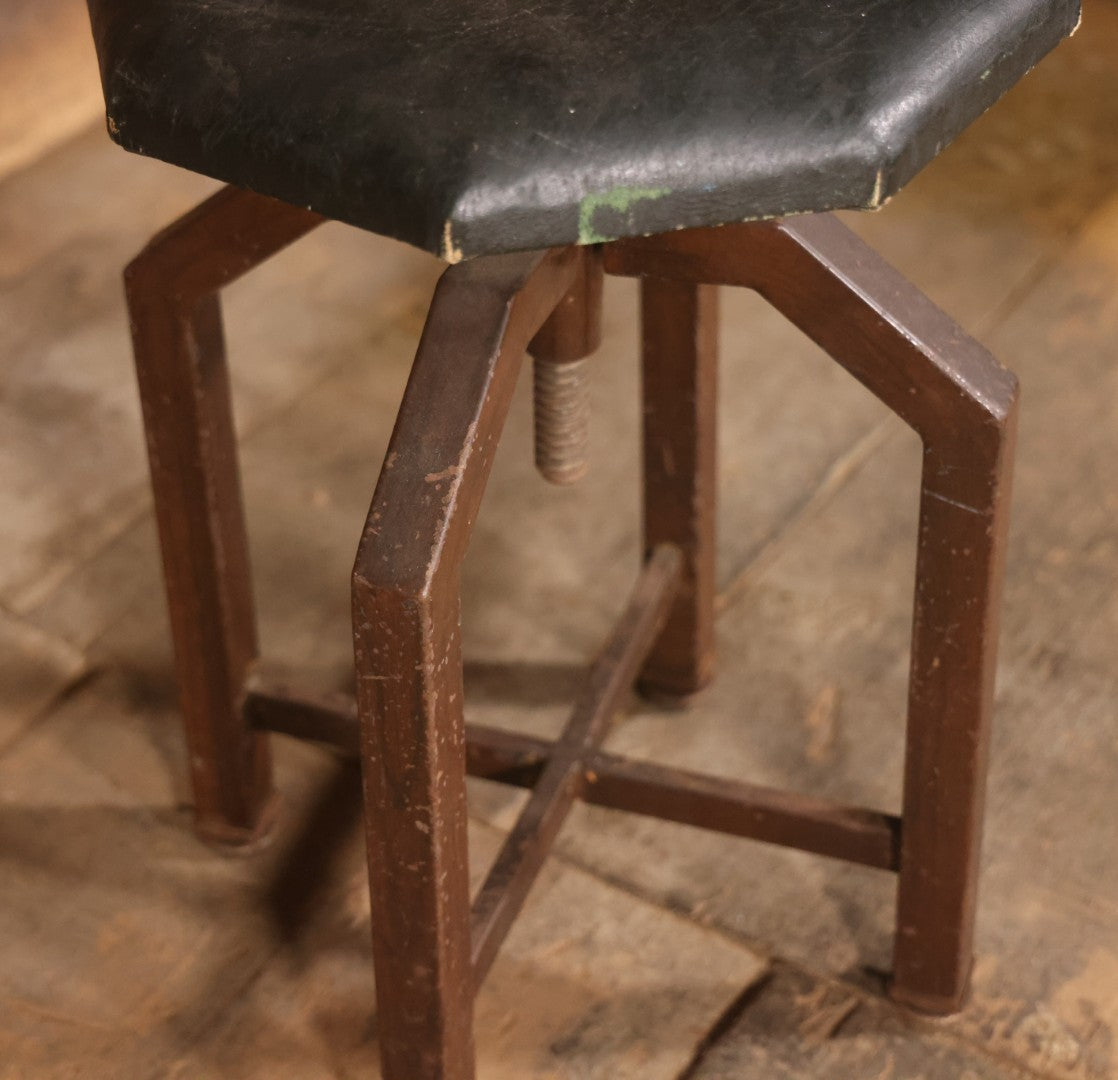 Vintage Adjustable Industrial Stool With Octagon Seat, Metal Base, Original Covering, Manufactured By Sargent, No. 8478PH, Made In U.S.A., 20" To 25" Height