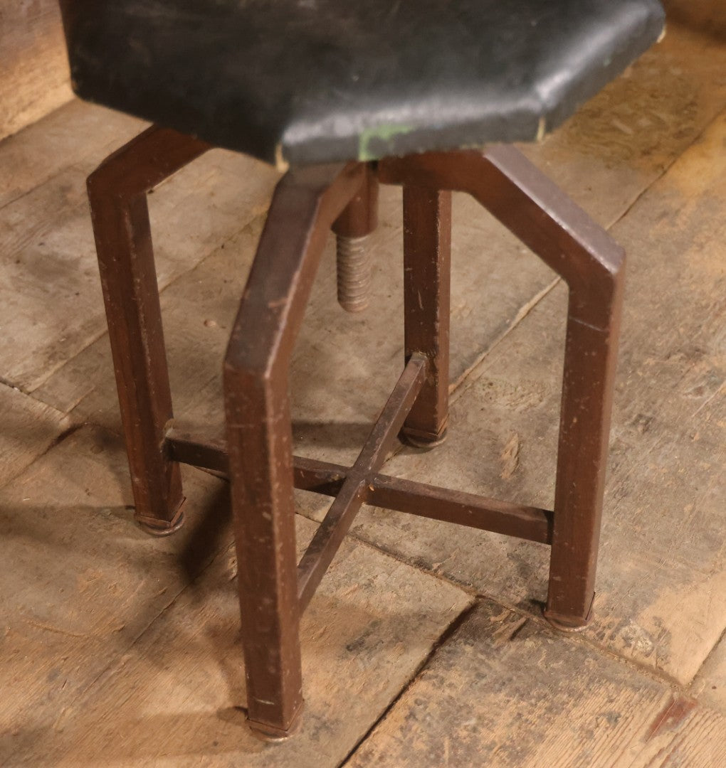 Vintage Adjustable Industrial Stool With Octagon Seat, Metal Base, Original Covering, Manufactured By Sargent, No. 8478PH, Made In U.S.A., 20" To 25" Height