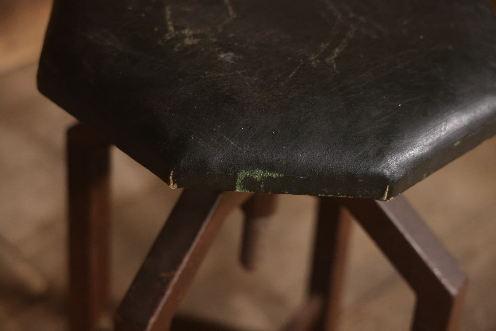 Vintage Adjustable Industrial Stool With Octagon Seat, Metal Base, Original Covering, Manufactured By Sargent, No. 8478PH, Made In U.S.A., 20" To 25" Height