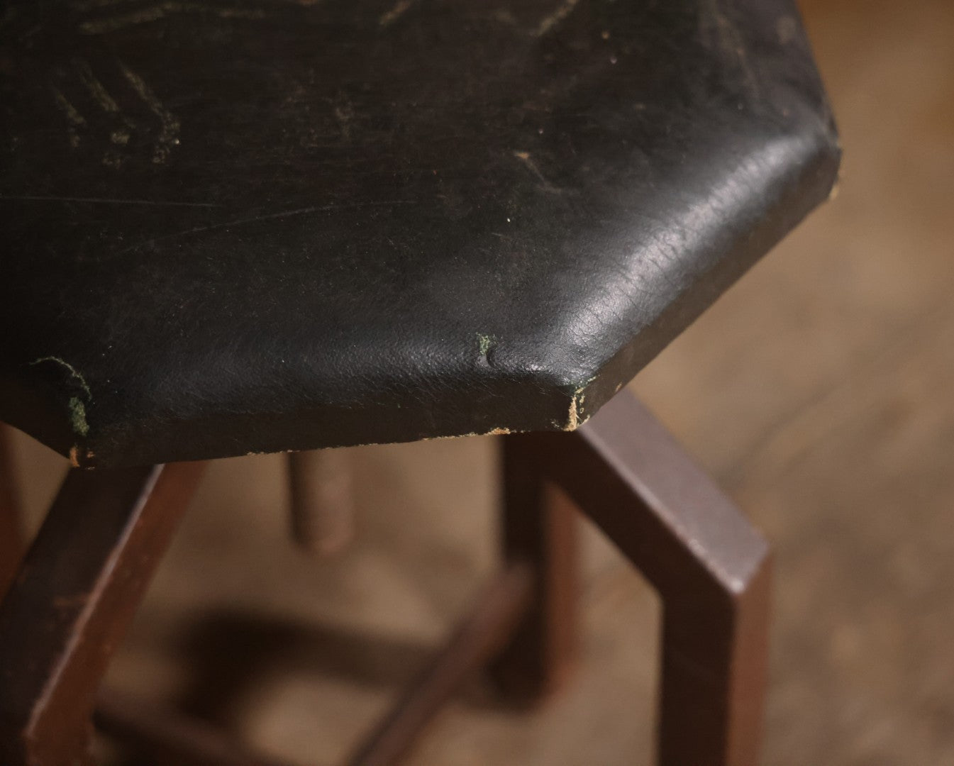 Vintage Adjustable Industrial Stool With Octagon Seat, Metal Base, Original Covering, Manufactured By Sargent, No. 8478PH, Made In U.S.A., 20" To 25" Height