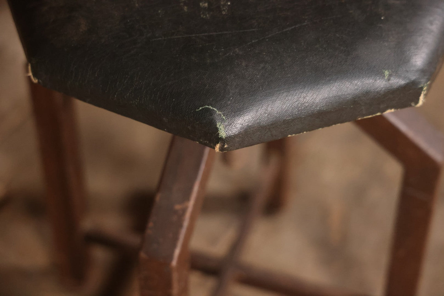 Vintage Adjustable Industrial Stool With Octagon Seat, Metal Base, Original Covering, Manufactured By Sargent, No. 8478PH, Made In U.S.A., 20" To 25" Height