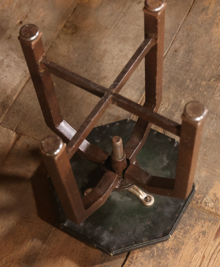 Vintage Adjustable Industrial Stool With Octagon Seat, Metal Base, Original Covering, Manufactured By Sargent, No. 8478PH, Made In U.S.A., 20" To 25" Height