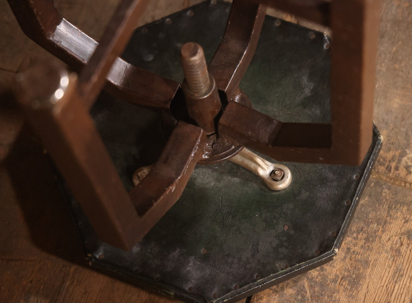 Vintage Adjustable Industrial Stool With Octagon Seat, Metal Base, Original Covering, Manufactured By Sargent, No. 8478PH, Made In U.S.A., 20" To 25" Height