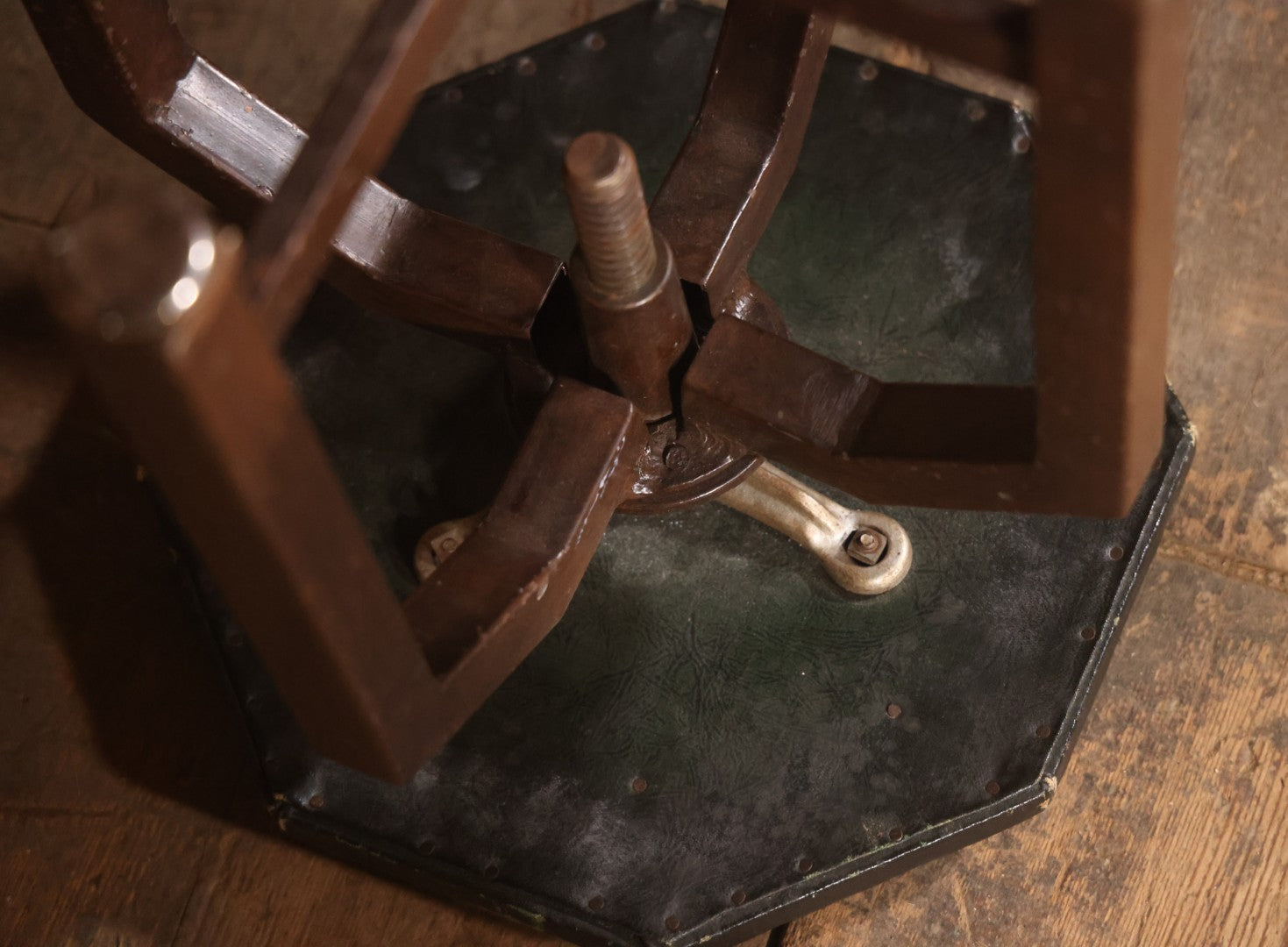 Vintage Adjustable Industrial Stool With Octagon Seat, Metal Base, Original Covering, Manufactured By Sargent, No. 8478PH, Made In U.S.A., 20" To 25" Height