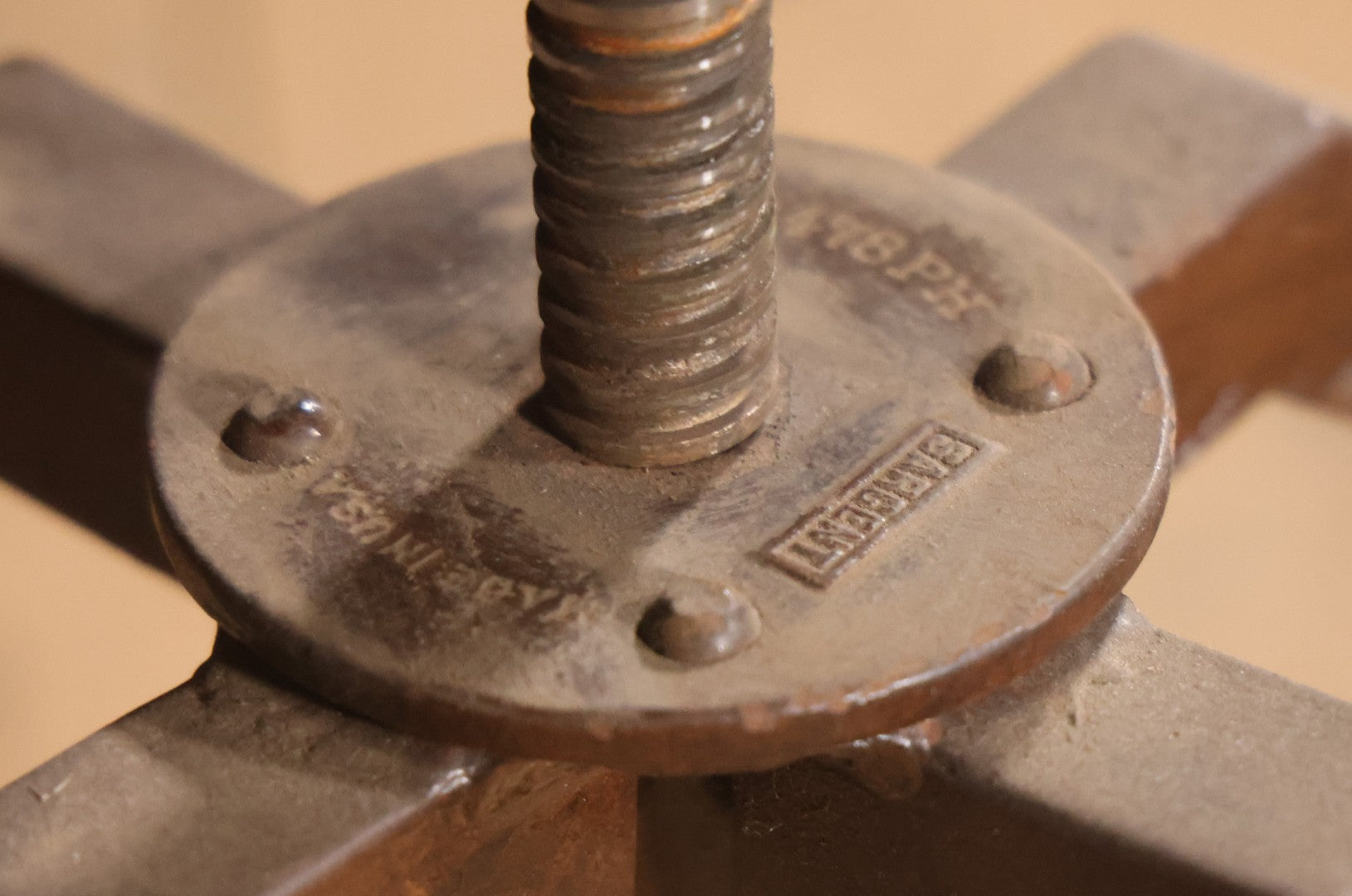 Vintage Adjustable Industrial Stool With Octagon Seat, Metal Base, Original Covering, Manufactured By Sargent, No. 8478PH, Made In U.S.A., 20" To 25" Height
