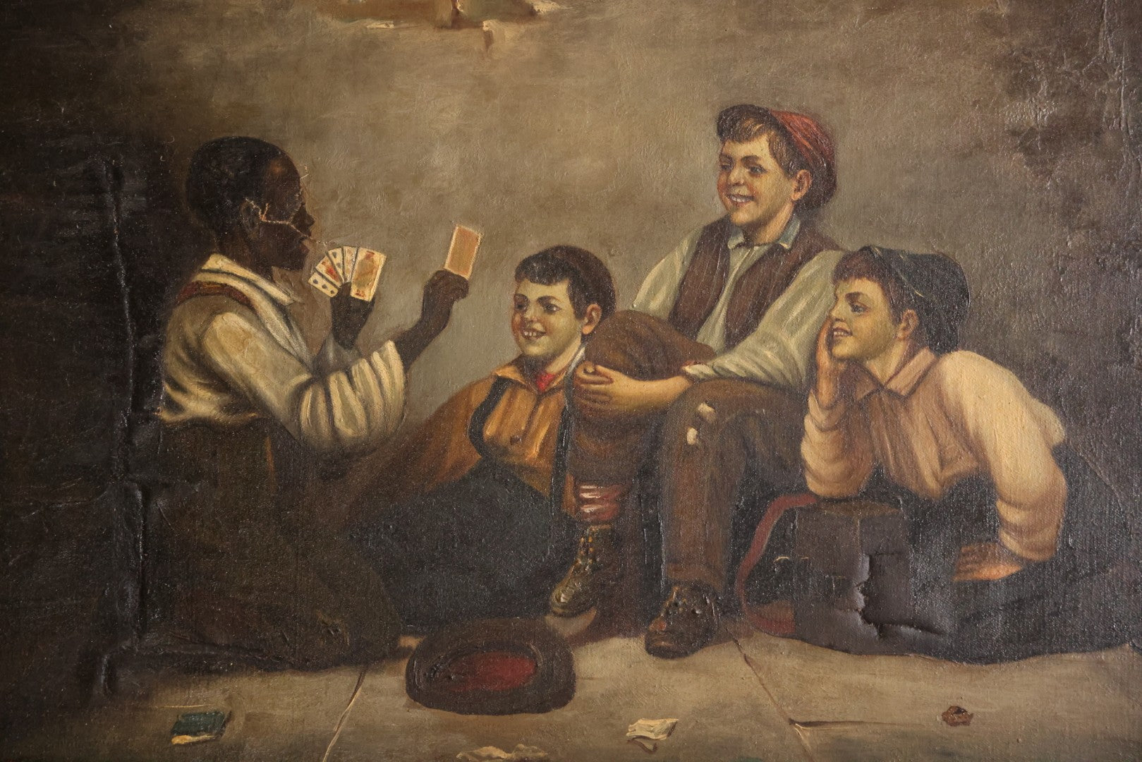 Antique Oil On Canvas Painting Titled "The Card Trick" After John George Brown, Little Boy Showing Off Card Trick To Young Friends, Artist Signed Lower Right, Illegible, In Ornate Frame With Title Plaque, Note Holes, Damage, 37-1/2" x 27-1/2"