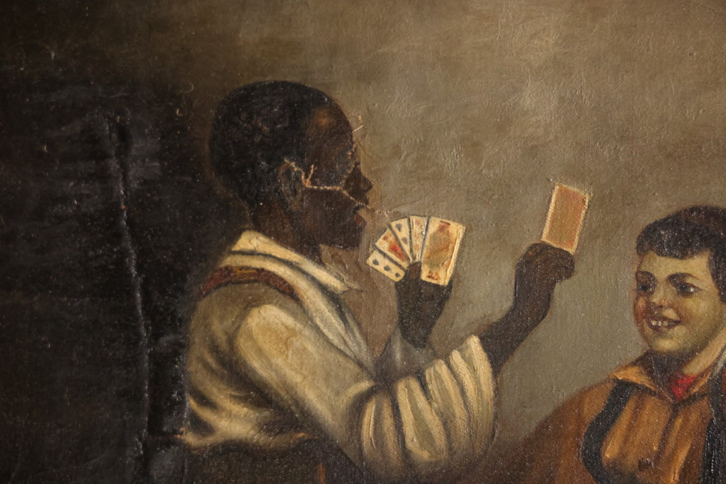 Antique Oil On Canvas Painting Titled "The Card Trick" After John George Brown, Little Boy Showing Off Card Trick To Young Friends, Artist Signed Lower Right, Illegible, In Ornate Frame With Title Plaque, Note Holes, Damage, 37-1/2" x 27-1/2"