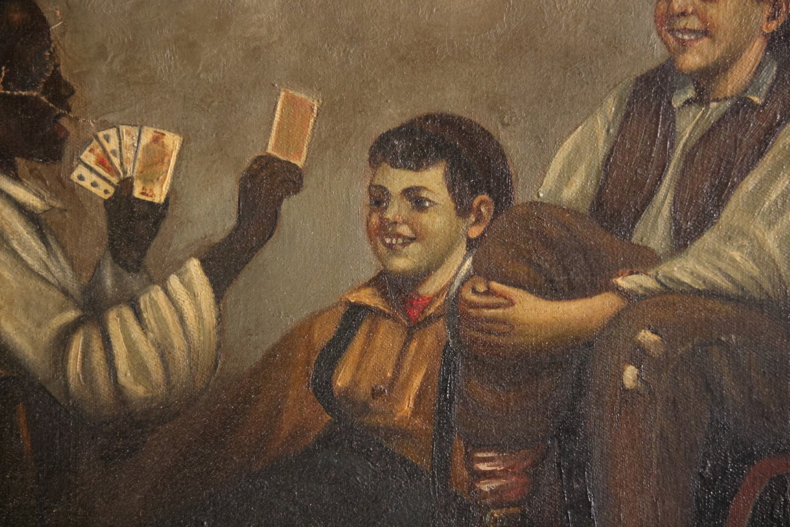 Antique Oil On Canvas Painting Titled "The Card Trick" After John George Brown, Little Boy Showing Off Card Trick To Young Friends, Artist Signed Lower Right, Illegible, In Ornate Frame With Title Plaque, Note Holes, Damage, 37-1/2" x 27-1/2"