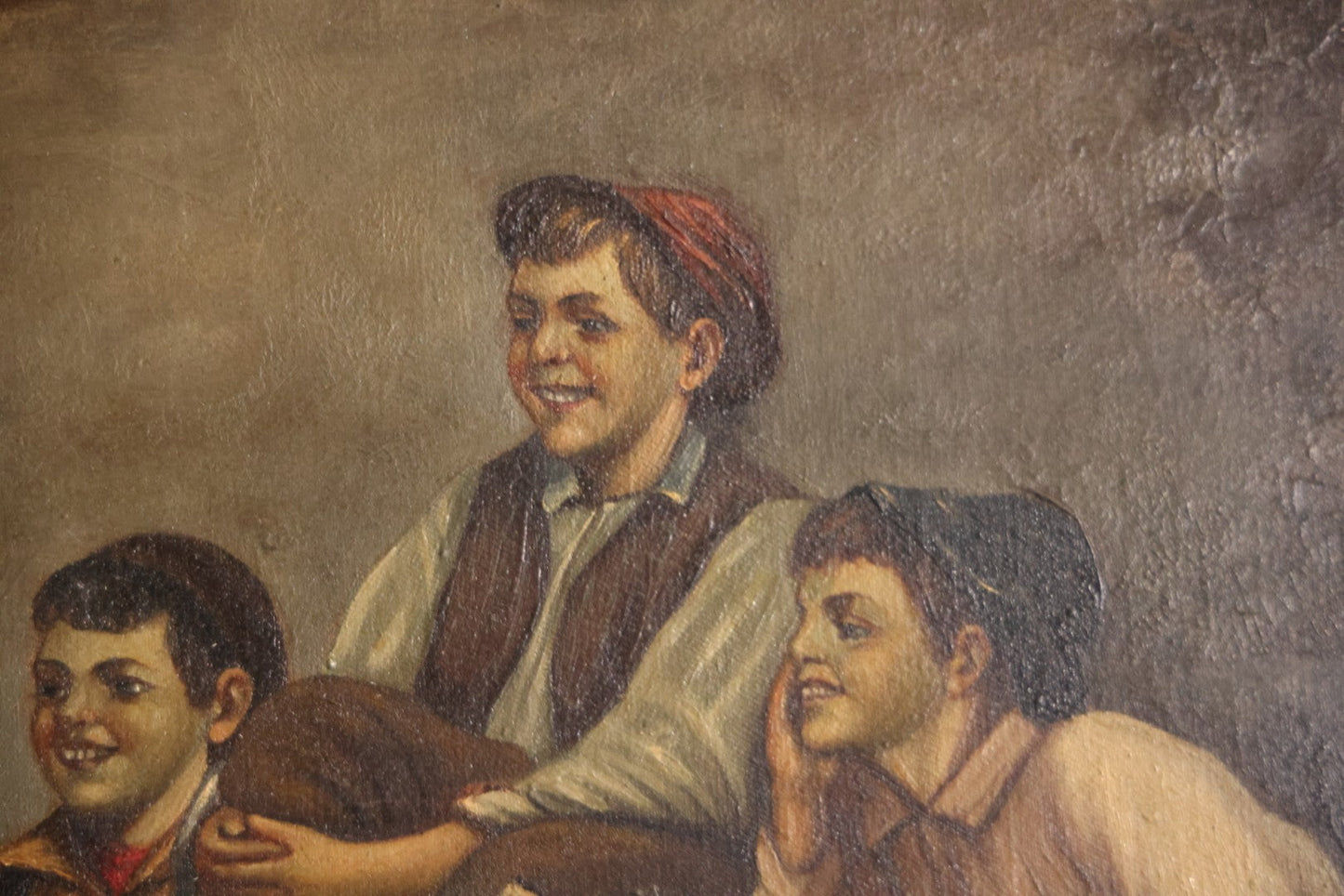 Antique Oil On Canvas Painting Titled "The Card Trick" After John George Brown, Little Boy Showing Off Card Trick To Young Friends, Artist Signed Lower Right, Illegible, In Ornate Frame With Title Plaque, Note Holes, Damage, 37-1/2" x 27-1/2"