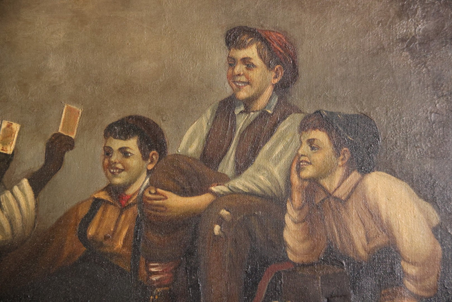 Antique Oil On Canvas Painting Titled "The Card Trick" After John George Brown, Little Boy Showing Off Card Trick To Young Friends, Artist Signed Lower Right, Illegible, In Ornate Frame With Title Plaque, Note Holes, Damage, 37-1/2" x 27-1/2"