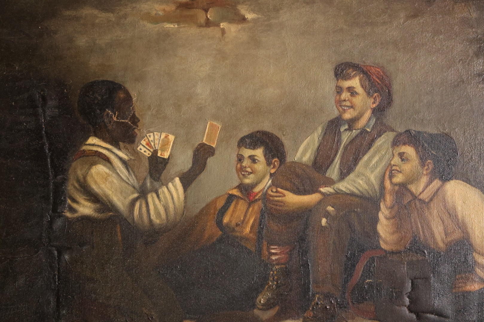 Antique Oil On Canvas Painting Titled "The Card Trick" After John George Brown, Little Boy Showing Off Card Trick To Young Friends, Artist Signed Lower Right, Illegible, In Ornate Frame With Title Plaque, Note Holes, Damage, 37-1/2" x 27-1/2"