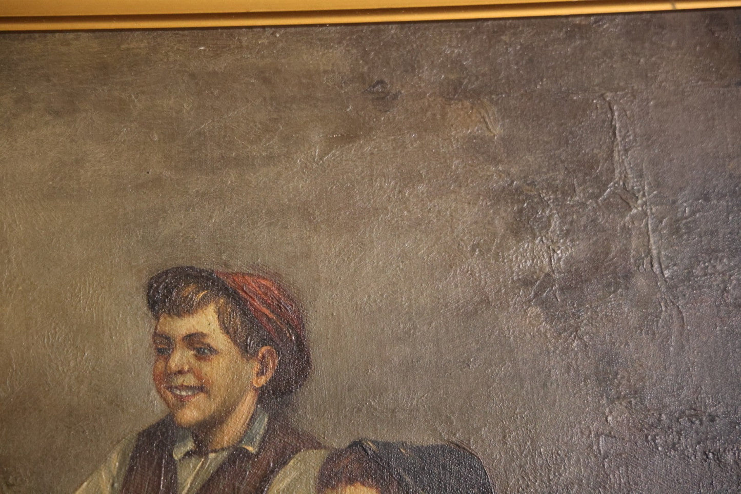 Antique Oil On Canvas Painting Titled "The Card Trick" After John George Brown, Little Boy Showing Off Card Trick To Young Friends, Artist Signed Lower Right, Illegible, In Ornate Frame With Title Plaque, Note Holes, Damage, 37-1/2" x 27-1/2"