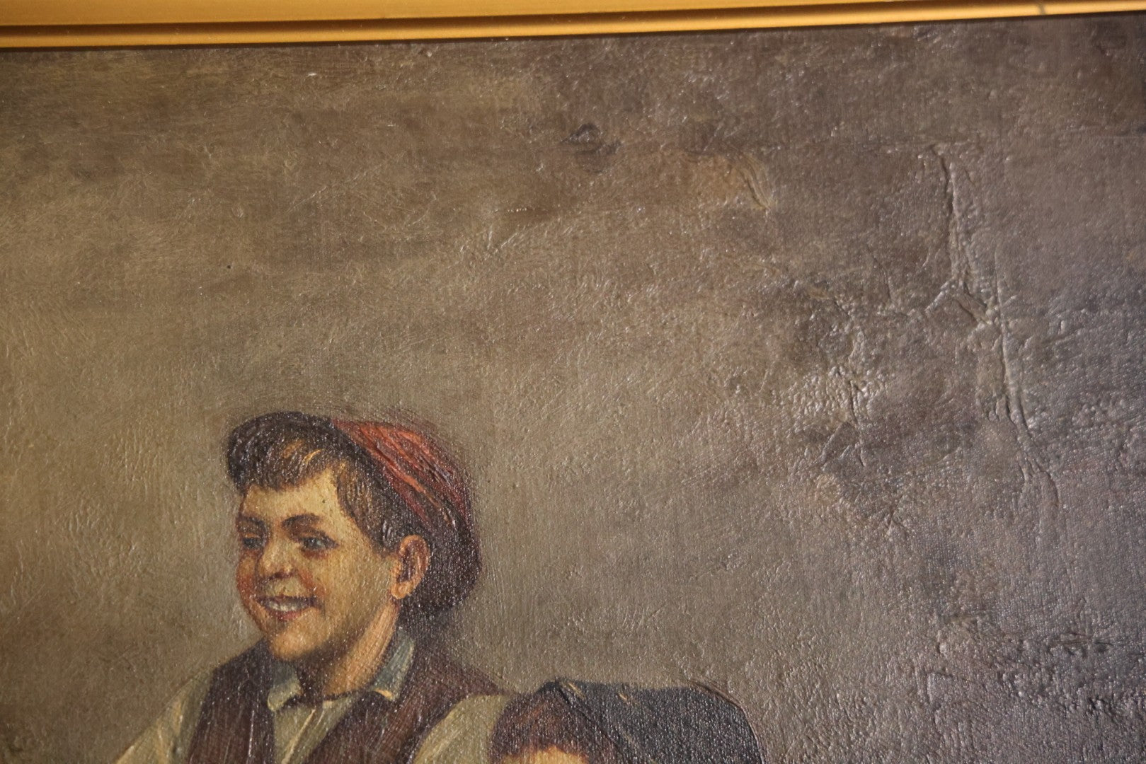 Antique Oil On Canvas Painting Titled "The Card Trick" After John George Brown, Little Boy Showing Off Card Trick To Young Friends, Artist Signed Lower Right, Illegible, In Ornate Frame With Title Plaque, Note Holes, Damage, 37-1/2" x 27-1/2"