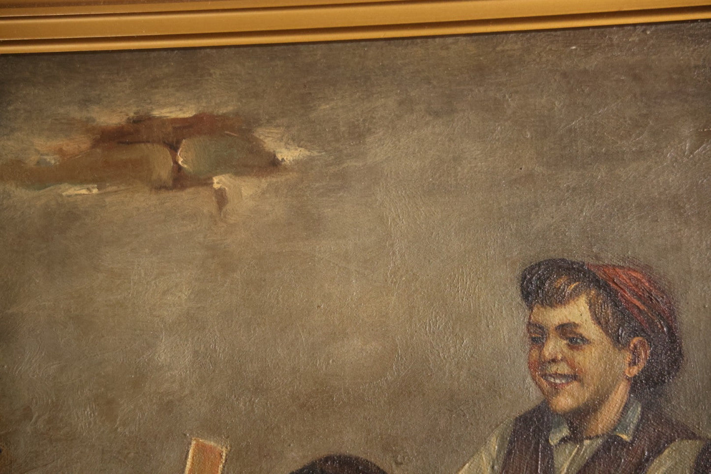 Antique Oil On Canvas Painting Titled "The Card Trick" After John George Brown, Little Boy Showing Off Card Trick To Young Friends, Artist Signed Lower Right, Illegible, In Ornate Frame With Title Plaque, Note Holes, Damage, 37-1/2" x 27-1/2"