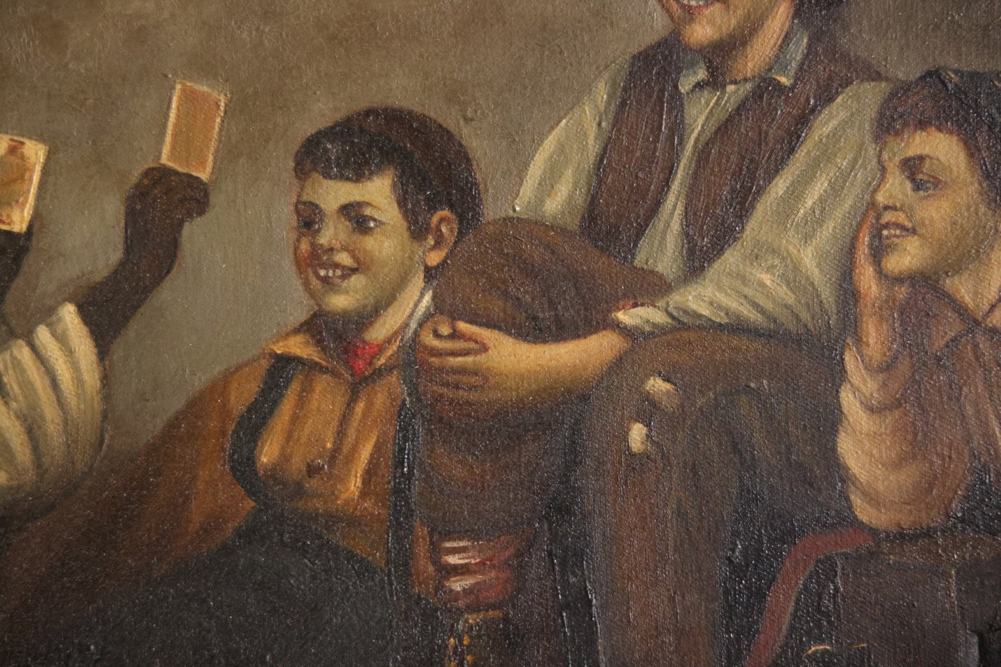 Antique Oil On Canvas Painting Titled "The Card Trick" After John George Brown, Little Boy Showing Off Card Trick To Young Friends, Artist Signed Lower Right, Illegible, In Ornate Frame With Title Plaque, Note Holes, Damage, 37-1/2" x 27-1/2"