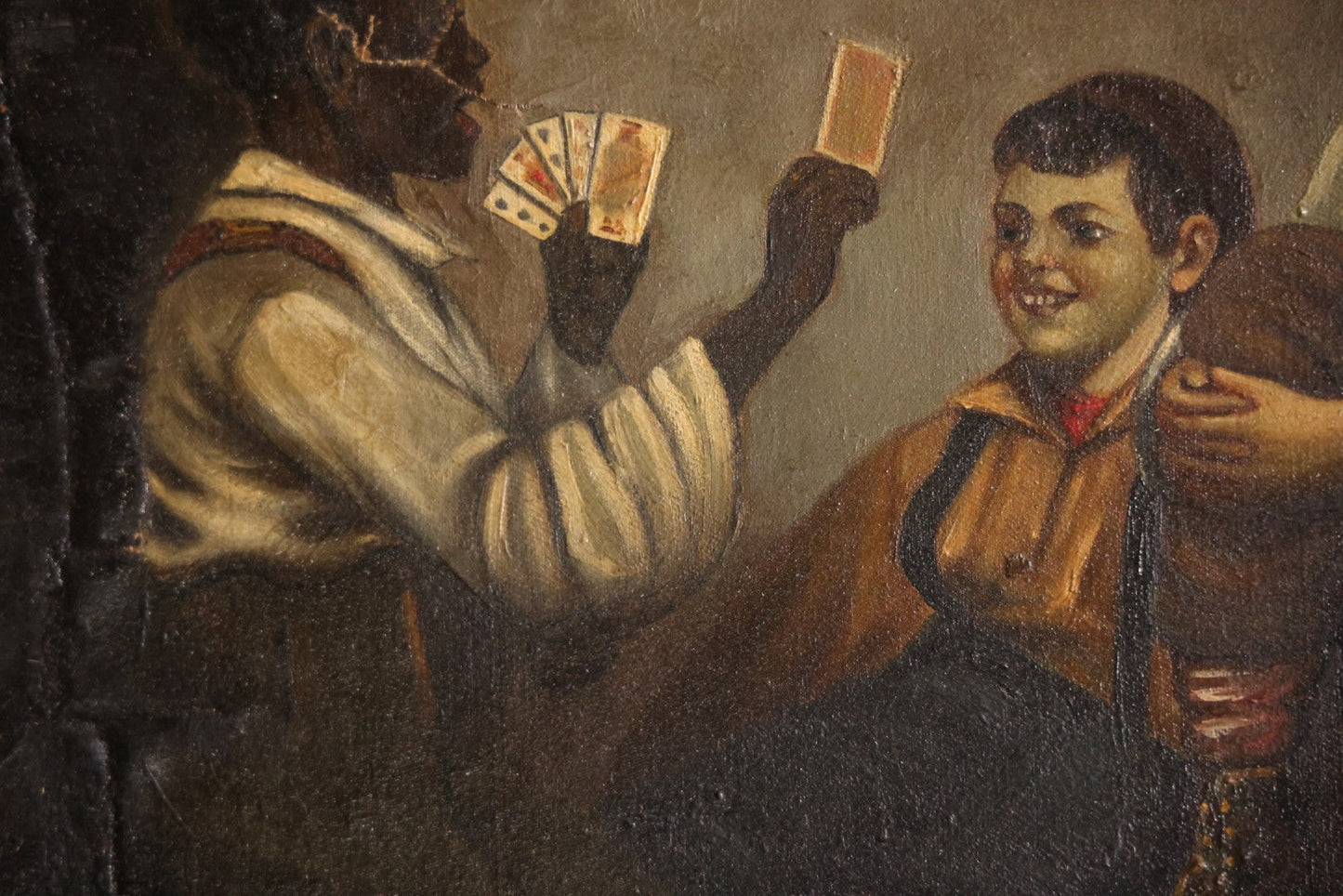 Antique Oil On Canvas Painting Titled "The Card Trick" After John George Brown, Little Boy Showing Off Card Trick To Young Friends, Artist Signed Lower Right, Illegible, In Ornate Frame With Title Plaque, Note Holes, Damage, 37-1/2" x 27-1/2"