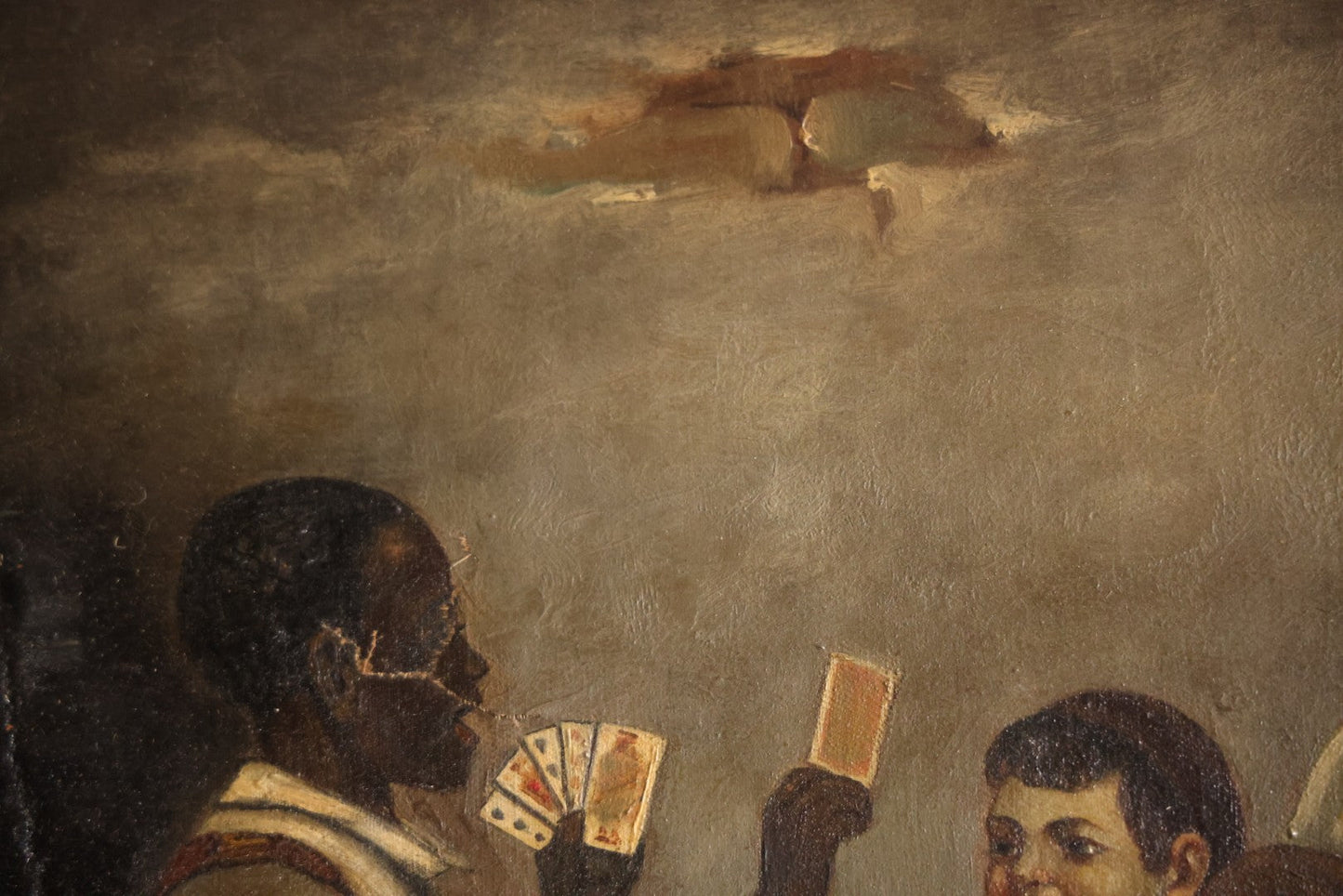 Antique Oil On Canvas Painting Titled "The Card Trick" After John George Brown, Little Boy Showing Off Card Trick To Young Friends, Artist Signed Lower Right, Illegible, In Ornate Frame With Title Plaque, Note Holes, Damage, 37-1/2" x 27-1/2"