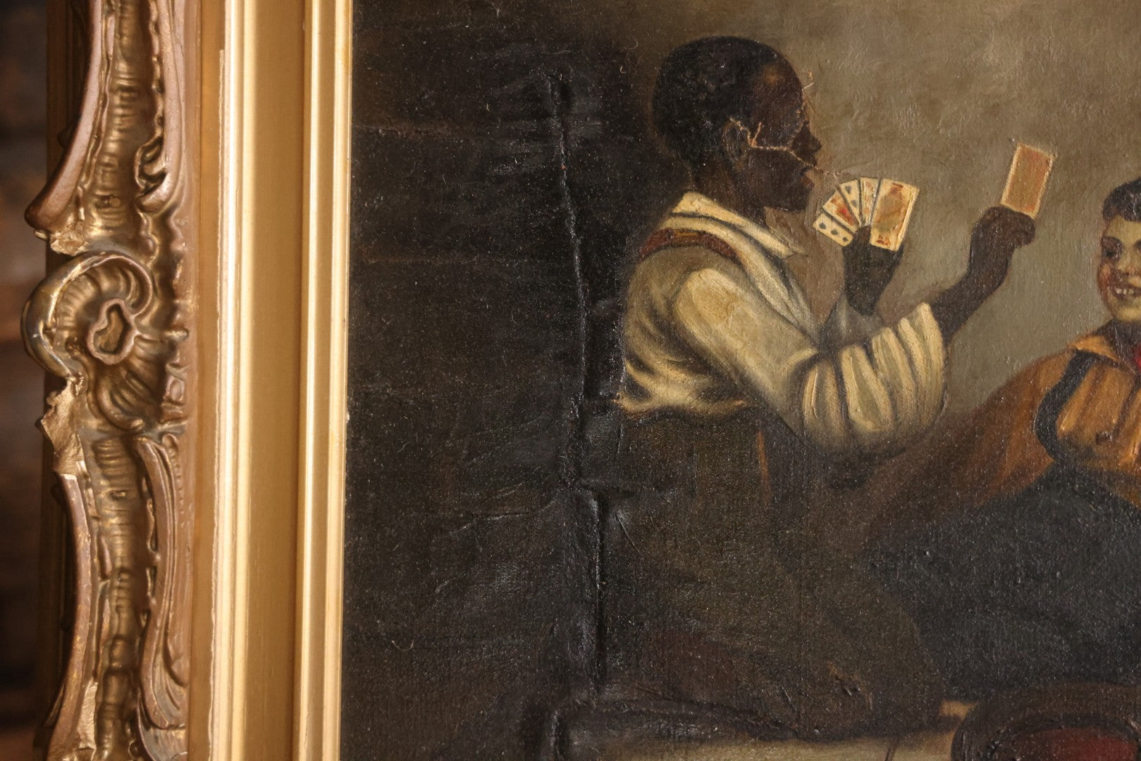 Antique Oil On Canvas Painting Titled "The Card Trick" After John George Brown, Little Boy Showing Off Card Trick To Young Friends, Artist Signed Lower Right, Illegible, In Ornate Frame With Title Plaque, Note Holes, Damage, 37-1/2" x 27-1/2"