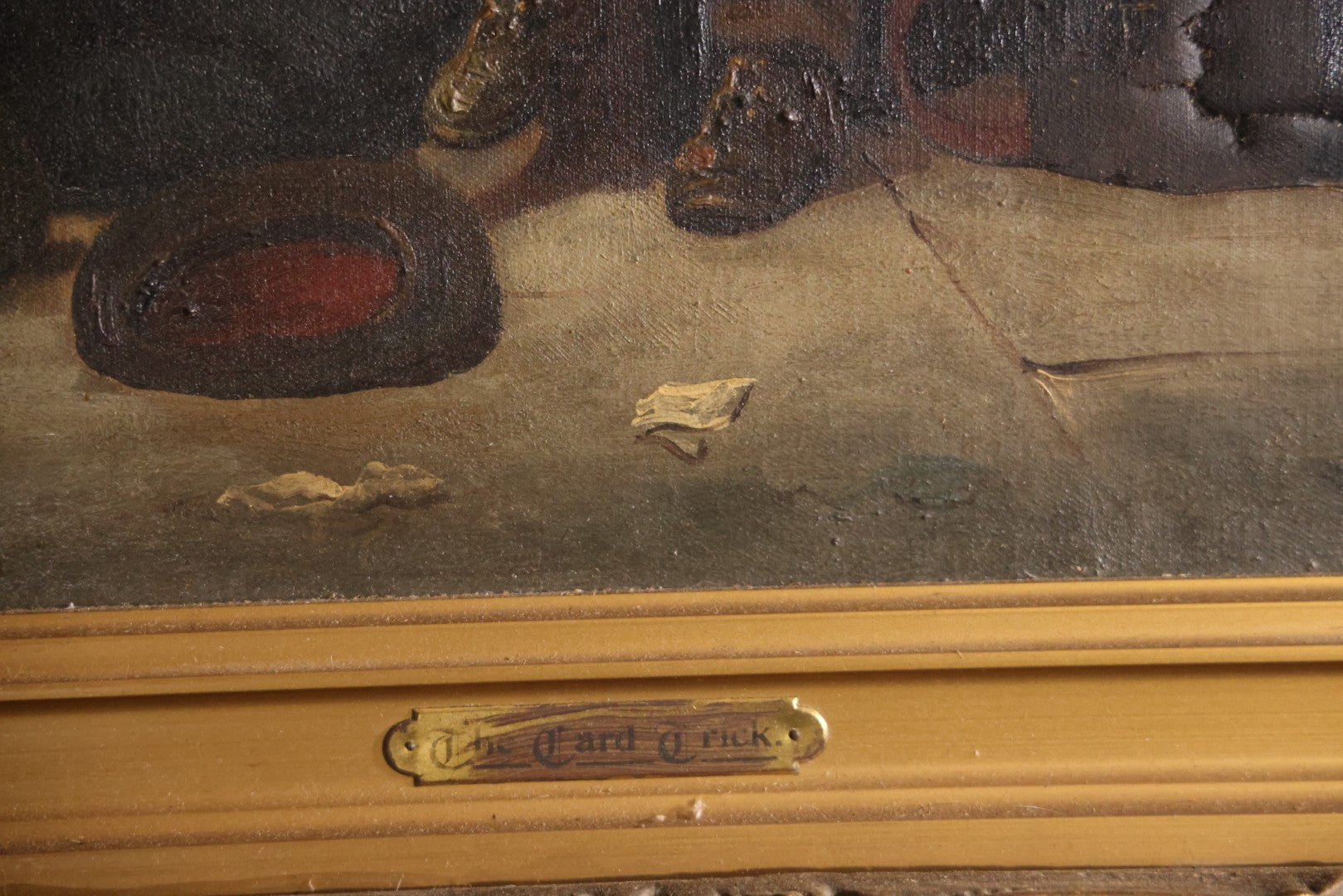 Antique Oil On Canvas Painting Titled "The Card Trick" After John George Brown, Little Boy Showing Off Card Trick To Young Friends, Artist Signed Lower Right, Illegible, In Ornate Frame With Title Plaque, Note Holes, Damage, 37-1/2" x 27-1/2"