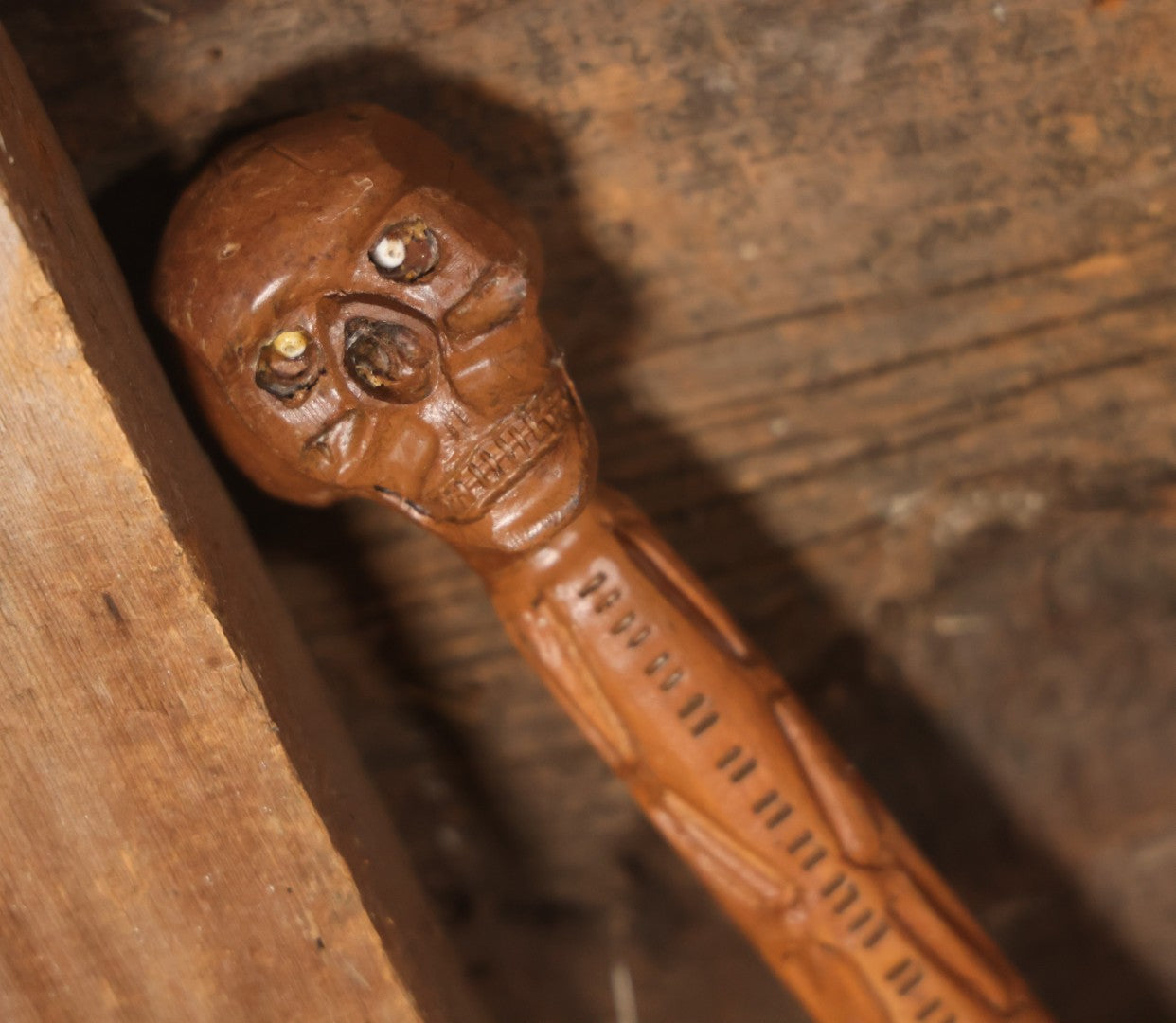 Vintage Folk Art Hand Carved Skeleton Walking Stick, With Skull With Beaded Eyes, Skeleton Body Carved Along Length, Copper Tip, Artist Signed R.A.M., 34" Length