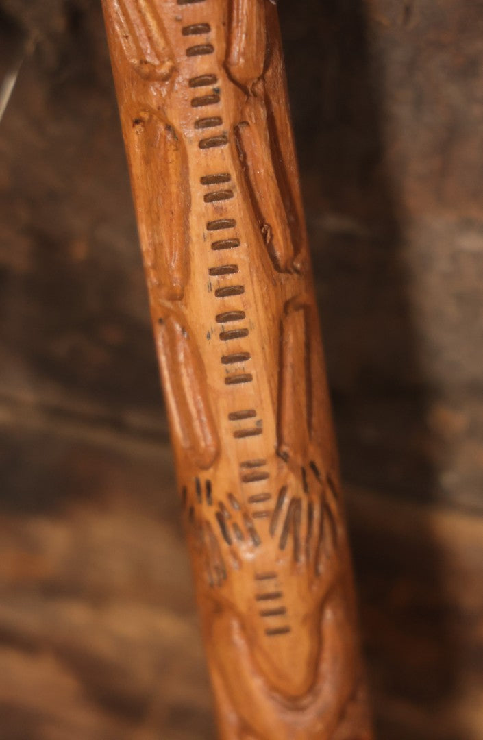 Vintage Folk Art Hand Carved Skeleton Walking Stick, With Skull With Beaded Eyes, Skeleton Body Carved Along Length, Copper Tip, Artist Signed R.A.M., 34" Length