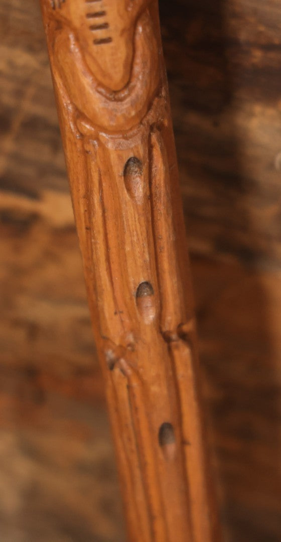Vintage Folk Art Hand Carved Skeleton Walking Stick, With Skull With Beaded Eyes, Skeleton Body Carved Along Length, Copper Tip, Artist Signed R.A.M., 34" Length