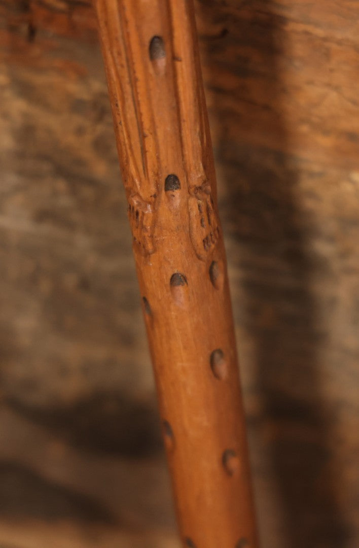 Vintage Folk Art Hand Carved Skeleton Walking Stick, With Skull With Beaded Eyes, Skeleton Body Carved Along Length, Copper Tip, Artist Signed R.A.M., 34" Length