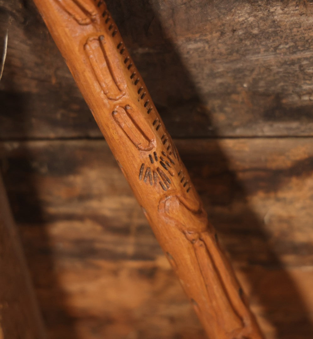 Vintage Folk Art Hand Carved Skeleton Walking Stick, With Skull With Beaded Eyes, Skeleton Body Carved Along Length, Copper Tip, Artist Signed R.A.M., 34" Length