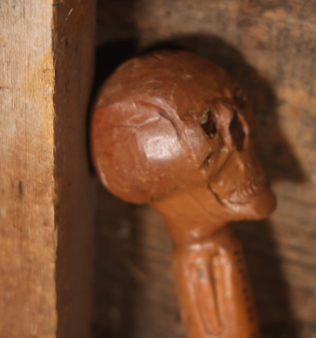 Vintage Folk Art Hand Carved Skeleton Walking Stick, With Skull With Beaded Eyes, Skeleton Body Carved Along Length, Copper Tip, Artist Signed R.A.M., 34" Length