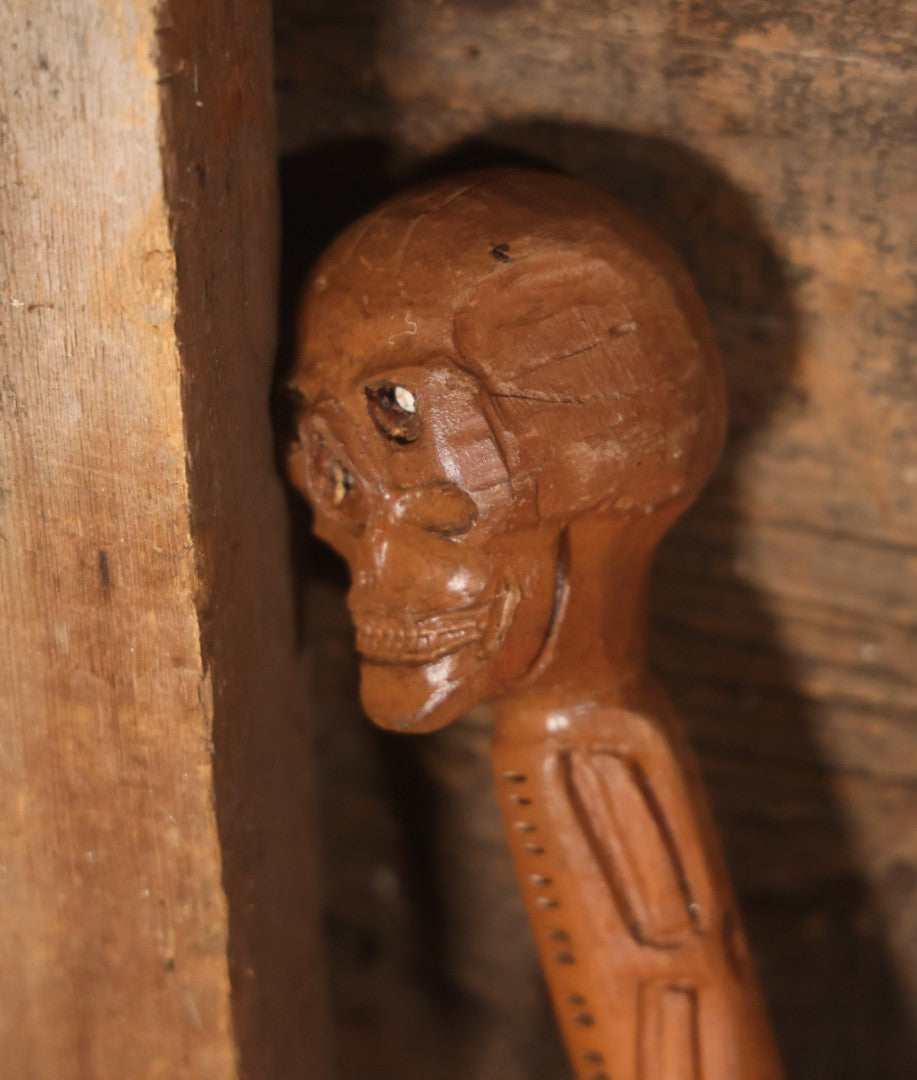 Vintage Folk Art Hand Carved Skeleton Walking Stick, With Skull With Beaded Eyes, Skeleton Body Carved Along Length, Copper Tip, Artist Signed R.A.M., 34" Length