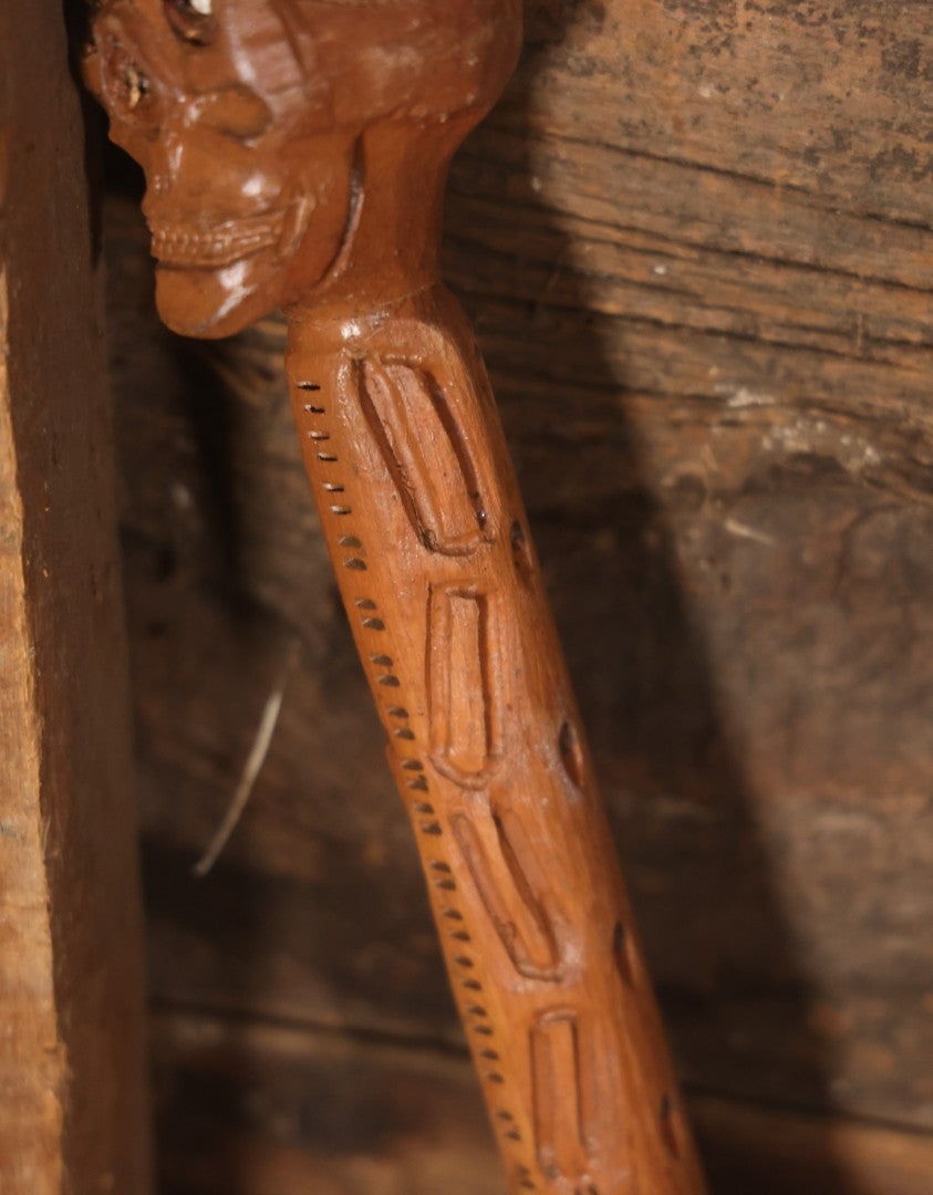 Vintage Folk Art Hand Carved Skeleton Walking Stick, With Skull With Beaded Eyes, Skeleton Body Carved Along Length, Copper Tip, Artist Signed R.A.M., 34" Length