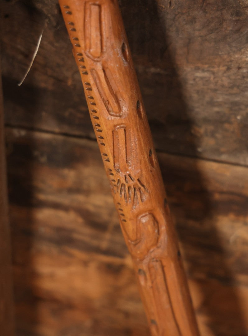 Vintage Folk Art Hand Carved Skeleton Walking Stick, With Skull With Beaded Eyes, Skeleton Body Carved Along Length, Copper Tip, Artist Signed R.A.M., 34" Length