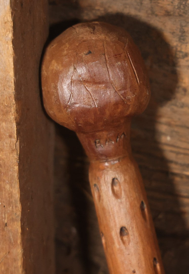 Vintage Folk Art Hand Carved Skeleton Walking Stick, With Skull With Beaded Eyes, Skeleton Body Carved Along Length, Copper Tip, Artist Signed R.A.M., 34" Length