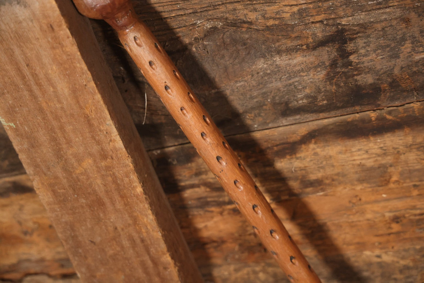 Vintage Folk Art Hand Carved Skeleton Walking Stick, With Skull With Beaded Eyes, Skeleton Body Carved Along Length, Copper Tip, Artist Signed R.A.M., 34" Length