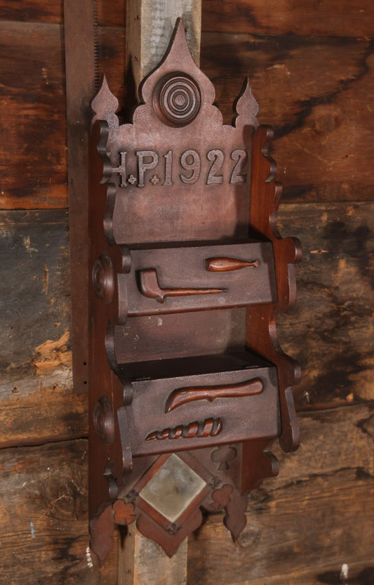 Antique Folk Art Genleman's Parlor Smoking Shelf, Hand Cut And Carved Wood Details, Initialed And Dated "H.P. 1922" At Top, Pipe, Smoking Tools, And Club Card Suite Carvings, Hinged Compartments, Mirror