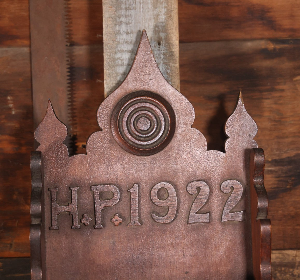 Antique Folk Art Genleman's Parlor Smoking Shelf, Hand Cut And Carved Wood Details, Initialed And Dated "H.P. 1922" At Top, Pipe, Smoking Tools, And Club Card Suite Carvings, Hinged Compartments, Mirror