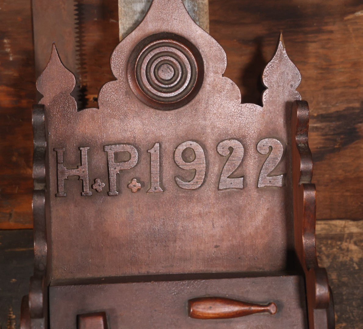 Antique Folk Art Genleman's Parlor Smoking Shelf, Hand Cut And Carved Wood Details, Initialed And Dated "H.P. 1922" At Top, Pipe, Smoking Tools, And Club Card Suite Carvings, Hinged Compartments, Mirror