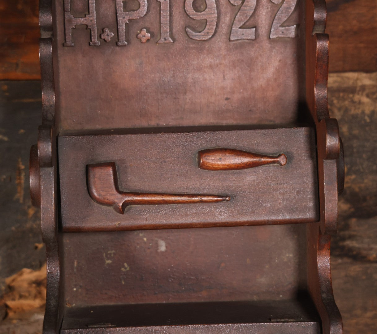 Antique Folk Art Genleman's Parlor Smoking Shelf, Hand Cut And Carved Wood Details, Initialed And Dated "H.P. 1922" At Top, Pipe, Smoking Tools, And Club Card Suite Carvings, Hinged Compartments, Mirror